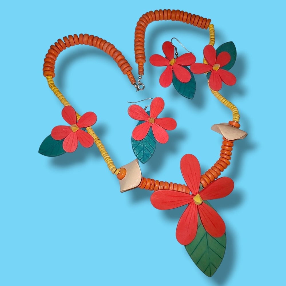 Vintage Chunky Wood Flower Necklace Earrings Set Tropical‎ Statement Boho